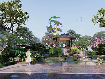 Rockery Stones In Traditional Garden Landscape With Pavilion Pond And Lush Greenery 3d model