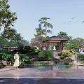 Rockery Stones In Traditional Garden Landscape With Pavilion Pond And Lush Greenery
