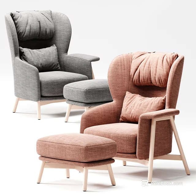 Modern Single Sofa in Gray and Pink with Matching Ottoman and Wooden Legs 3d model 