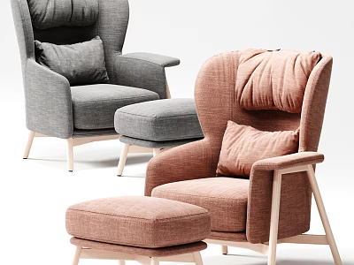 Modern Single Sofa in Gray and Pink with Matching Ottoman and Wooden Legs 3d model