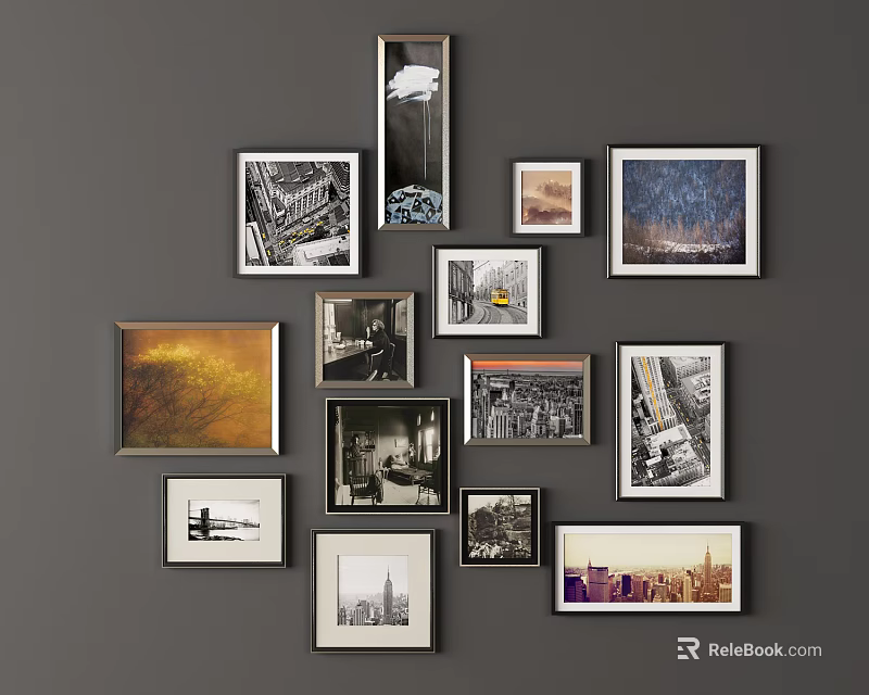 Eclectic Gallery Wall With Mixed Size Frames Cityscape Photos Architectural Images And Nature Scenes 3d model 