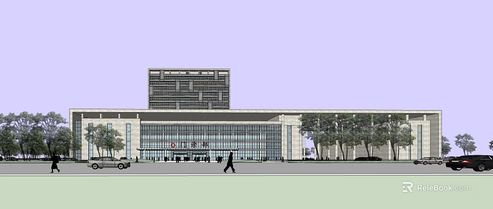 Multi Story Hospital Building Exterior With Glass Curtain Wall Entrance Red Signage Pedestrians And Trees 3d model 