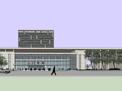 Multi Story Hospital Building Exterior With Glass Curtain Wall Entrance Red Signage Pedestrians And Trees 3d model
