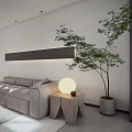 Modern Open Living and Dining Area With Marble Dining Table Grey Cabinets And Pendant Lights