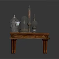 Vintage Equipment Display on Wooden Table With Birdcage Glass Dome Apparatus And Oil Lamp Items