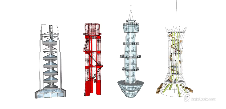 Various Modern Tower Designs Featuring Metal Frames Red Structures Glass Exteriors And Spiral Shapes 3d model 