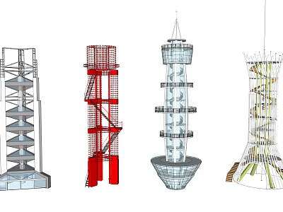 Various Modern Tower Designs Featuring Metal Frames Red Structures Glass Exteriors And Spiral Shapes 3d model