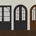Stylish Arched Top Double Doors With Glass Panes In Black And Brown Wooden Frames For Interior