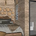 Warm Leisure Area With Wooden Walls Bed White Sheets And Circular Plate Decor