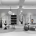 Modern Clothing Store Interior With White Garments And Black Counter Display Racks