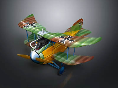 Vintage Biplane Model With Green Yellow Brown Camouflage Paint And Black Crosses On Wings 3d model