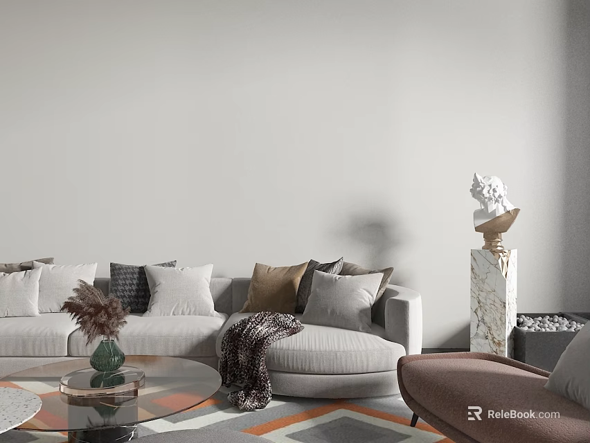 Elegant Sofa and Coffee Table Combination with Multiple Cushions Throw Blanket and Geometric Pattern Rug 3d model