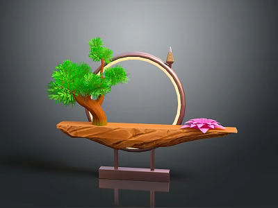 Decorative Ornament Combination With Green Pine Tree Circular Ring And Pink Lotus Flower 3d model