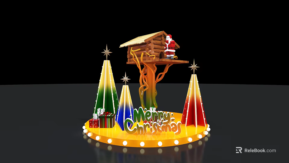 Festive Christmas Decoration with Wooden Cabin Santa Claus Trees Gift Boxes and Merry Christmas Sign 3d model 