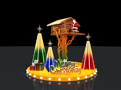 Festive Christmas Decoration with Wooden Cabin Santa Claus Trees Gift Boxes and Merry Christmas Sign 3d model