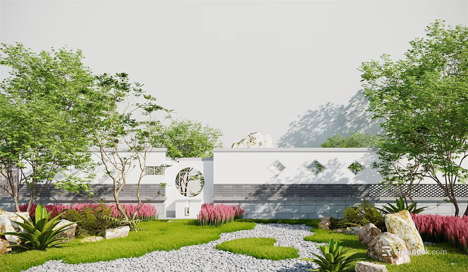 Garden Wall With Decorative Patterns Lush Greenery Lawn Pebble Path And Pink Flowers In Courtyard 3d model 
