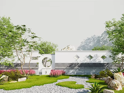Garden Wall With Decorative Patterns Lush Greenery Lawn Pebble Path And Pink Flowers In Courtyard 3d model