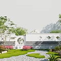 Garden Wall With Decorative Patterns Lush Greenery Lawn Pebble Path And Pink Flowers In Courtyard
