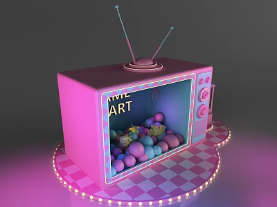 Pink Vintage TV Shaped Decor With Cute Art Text Colorful Balls And Light Strips 3d model