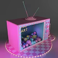 Pink Vintage TV Shaped Decor With Cute Art Text Colorful Balls And Light Strips