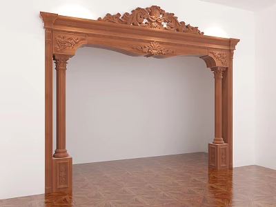 Wooden Door Arch Carved Decorative with Elegant Columns White Walls and Wooden Floor 3d model