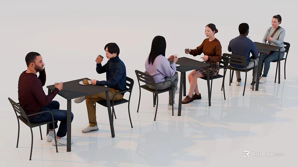 Group of People Dining Together at Tables in Modern Indoor Setting 3d model 