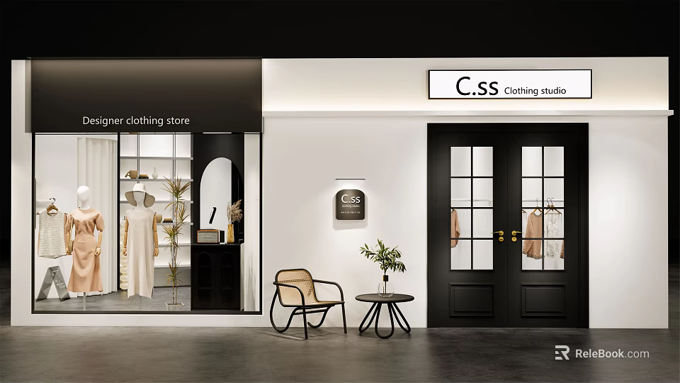 C.S.S Designer Clothing Studio Black White Exterior With Window Display Mannequins Plants Chair Table 3d model 