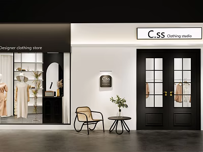 C.S.S Designer Clothing Studio Black White Exterior With Window Display Mannequins Plants Chair Table 3d model