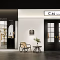 C.S.S Designer Clothing Studio Black White Exterior With Window Display Mannequins Plants Chair Table