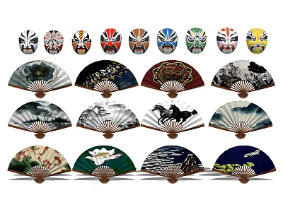 Traditional Chinese Wall Decor with Peking Opera Masks and Decorative Fans 3d model