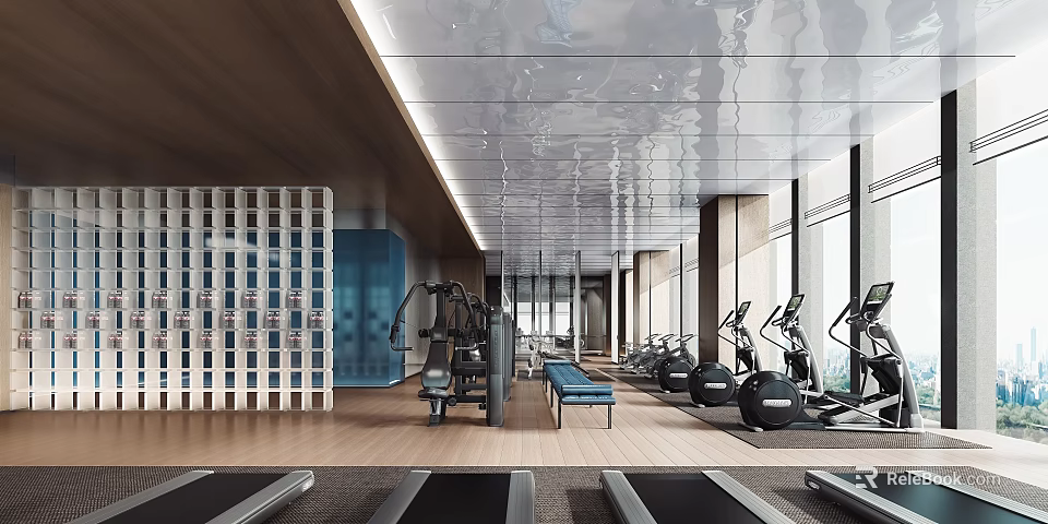 Modern Fitness Gym Featuring Treadmills Exercise Balls Bench Wooden Floors Large Windows Ceiling Lights 3d model 