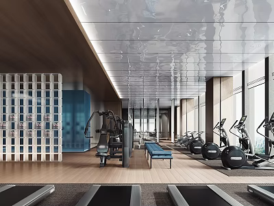 Modern Fitness Gym Featuring Treadmills Exercise Balls Bench Wooden Floors Large Windows Ceiling Lights 3d model
