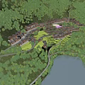Ancient Architecture Village Surrounded by Lush Green Forests and River in Mountain Scenery