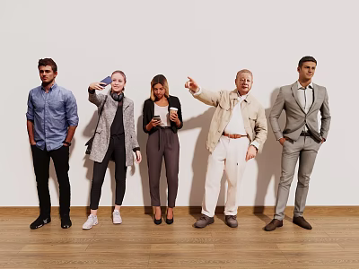 People Standing Together With Different Outfits Pointing Holding Coffee Cup Against White Wall Wooden Floor 3d model