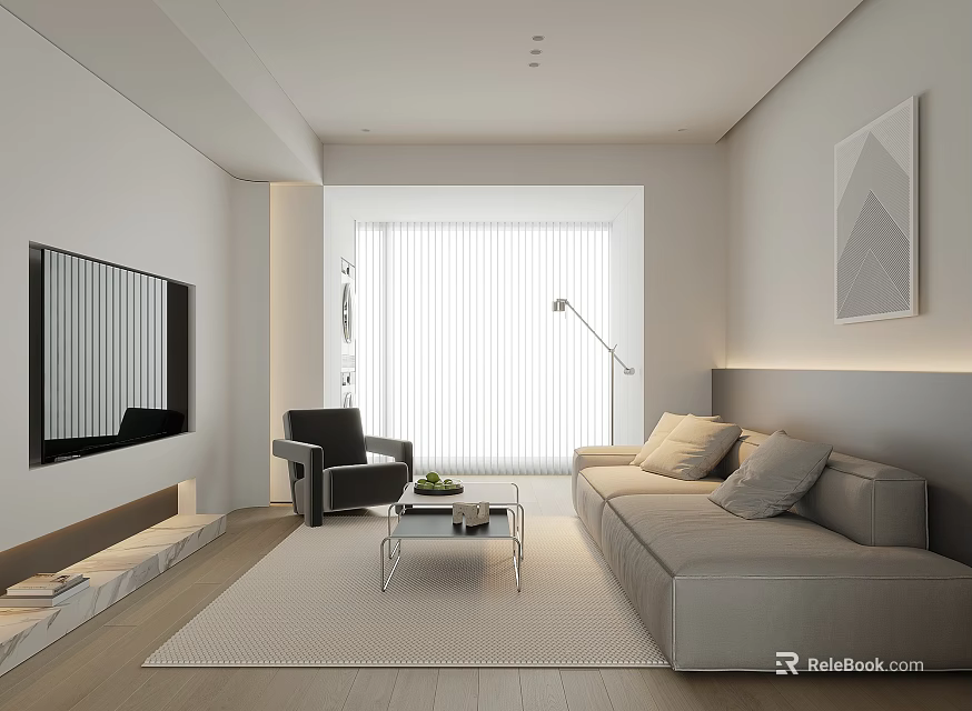 Modern Minimalist Living Room Interior With Light Gray Sofa Black Armchair And Glass Coffee Table 3d model 