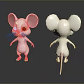 Cute Cartoon White Mouse Character with Big Pink Ears Front Back Views for Game Movies