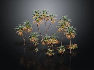 Multiple Palm Trees With Various Heights And Green Fronds Against Dark Background 3d model