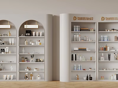 Champion Makeup Elegant Modern Arched Display Shelves With Various Cosmetics Products 3d model