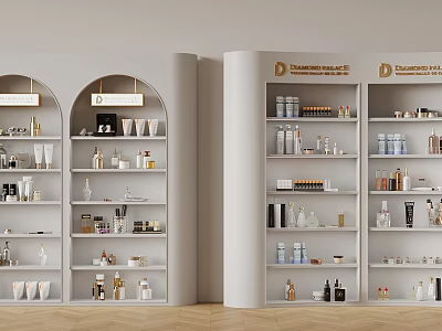 Champion Makeup Elegant Modern Arched Display Shelves With Various Cosmetics Products 3d model