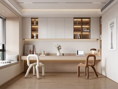 Modern Study Room Interior Design With Wooden Desk White Brown Chairs And Wall Cabinets 3d model