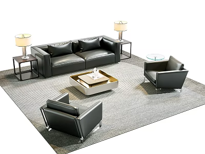 Modern Black Leather Sofa and Coffee Table Set with Armchairs Side Tables and Gray Rug 3d model