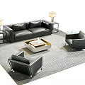 Modern Black Leather Sofa and Coffee Table Set with Armchairs Side Tables and Gray Rug