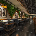 Cozy Industrial Hot Pot Restaurant Interior With Green Plant Wall And Vintage Pendant Lights