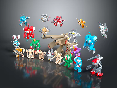 Colorful Robot Toys Collection Featuring Various Action Figures And Mechanical Parts 3d model