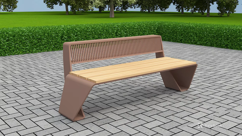 Roadside Bench With Wooden Seat Metal Frame On Paved Walkway Near Green Lawn And Trees 3d model 