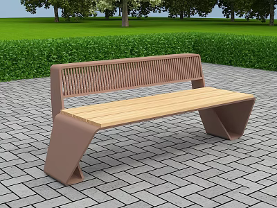 Roadside Bench With Wooden Seat Metal Frame On Paved Walkway Near Green Lawn And Trees 3d model