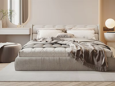 Elegant Modern Bedroom Interior With Upholstered Headboard Plush Pillows Cozy Blanket And Round Lamp 3d model
