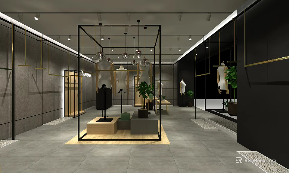 Modern Clothing Store Interior Design With Display Racks Mannequins And Green Plants 3d model 