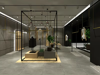 Modern Clothing Store Interior Design With Display Racks Mannequins And Green Plants 3d model
