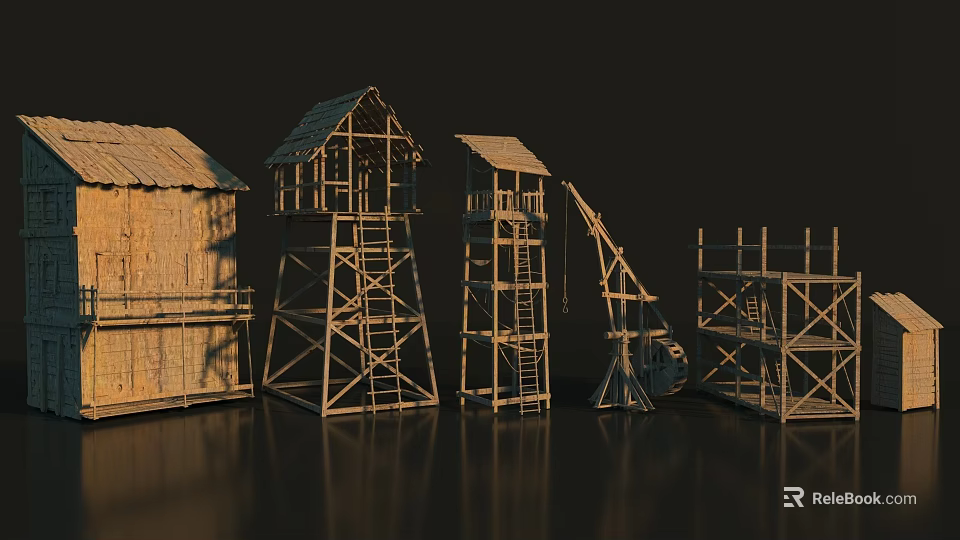 Wooden Architectural Structures With Vintage Designs Scaffolding Towers Roofs And Ladders 3d model 